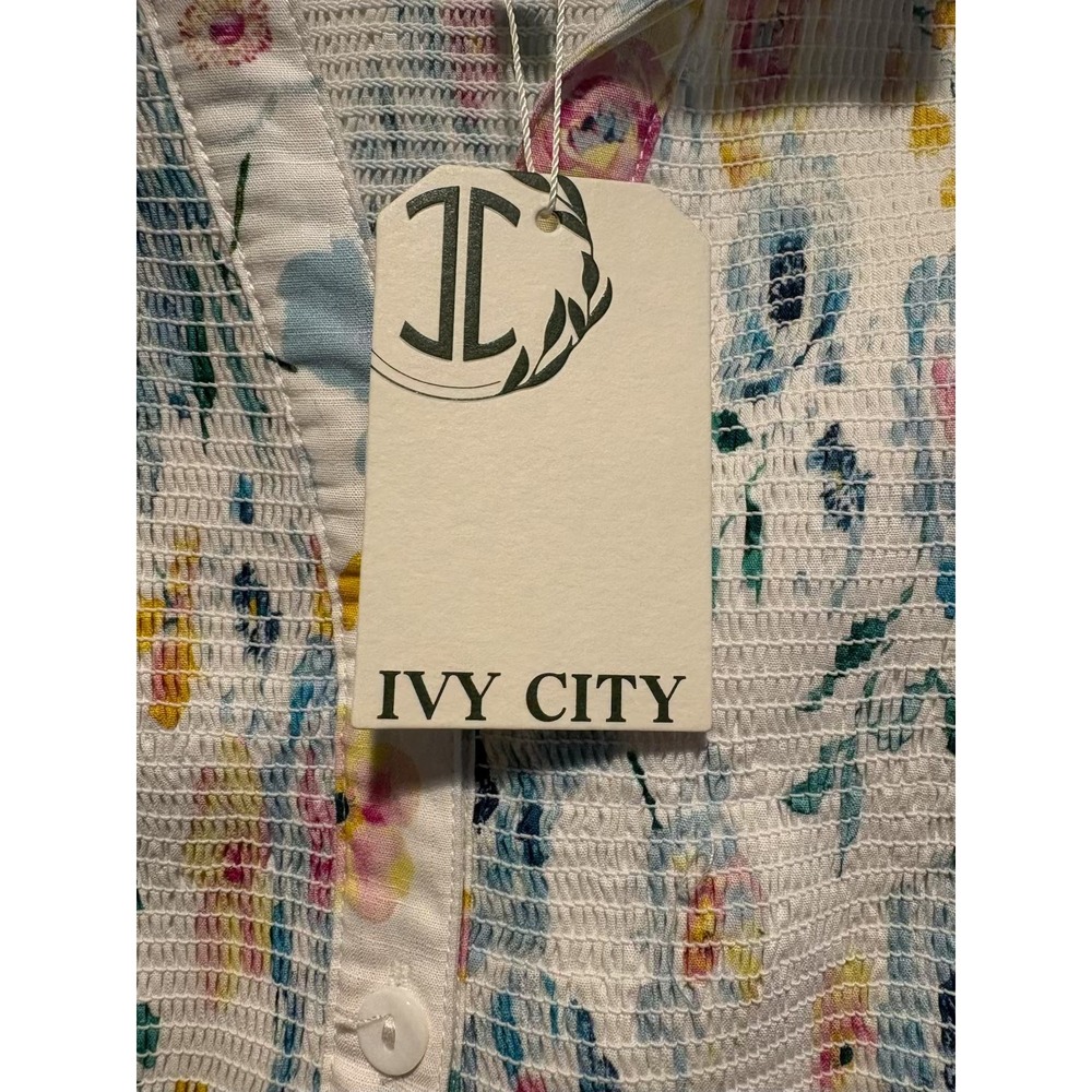 Ivy City Co Elysia Top Smocked Floral Button Down Blue White Cottagecore Large - Picture 6 of 8